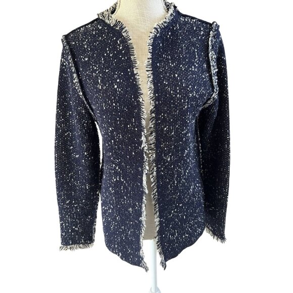 Sioni Womens Navy Boucle Open Front Cardigan Sweater With Fringe Edges - Size M - Picture 1 of 7